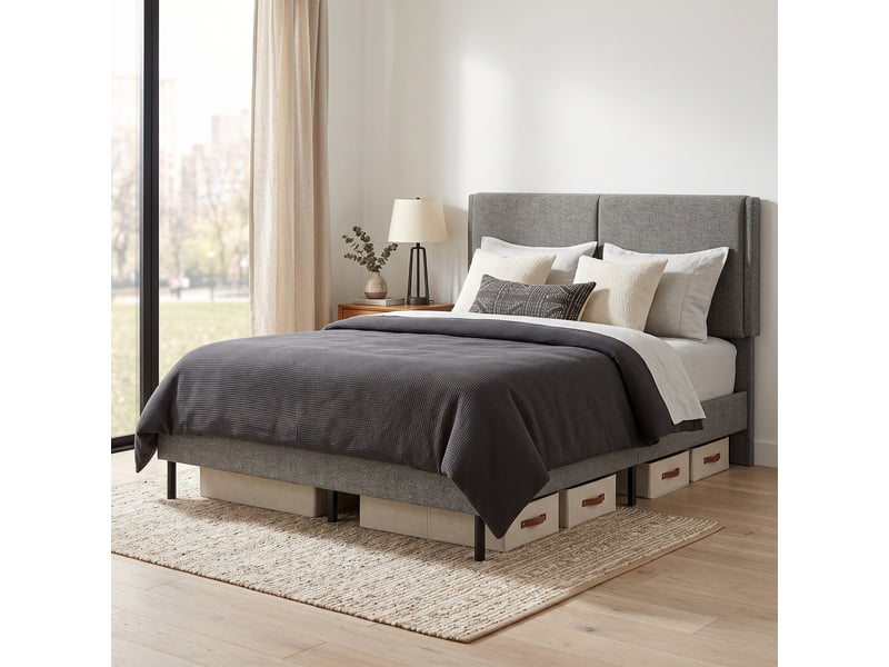  Cadre de lit 140x190 avec sommier, tête réglable et rangement sous le lit, double rembourré gris  - Conforama C