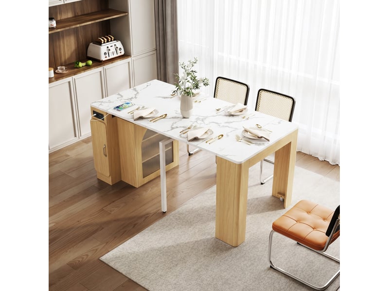  Desserte de cuisine extensible avec 3 plateaux, roulettes, éclairage led et prises pour salle à manger, naturel  - Conforama B
