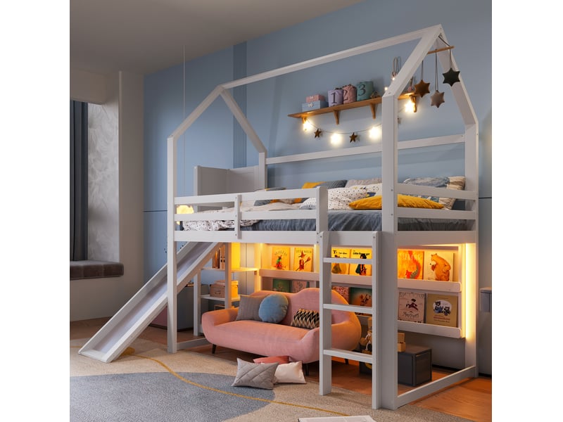  Lit mezzanine enfant 90x200 cm, forme maison avec toboggan, rangements, pin, mdf, contreplaqué, blanc, sans matelas  - Conforama D