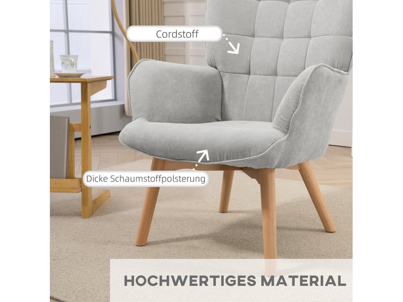  Fauteuil avec pouf relax capitonné, dossier haut et pieds en hêtre pour le salon, en polyester gris  - Conforama D