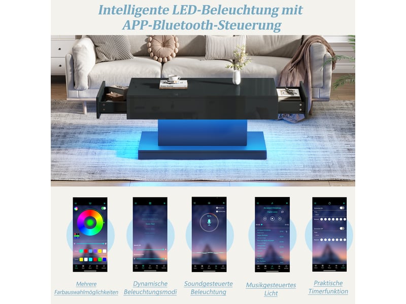 Table basse noire 100x50x45 cm avec 2 tiroirs, led, haute brillance, design épuré pour salon  - Conforama E