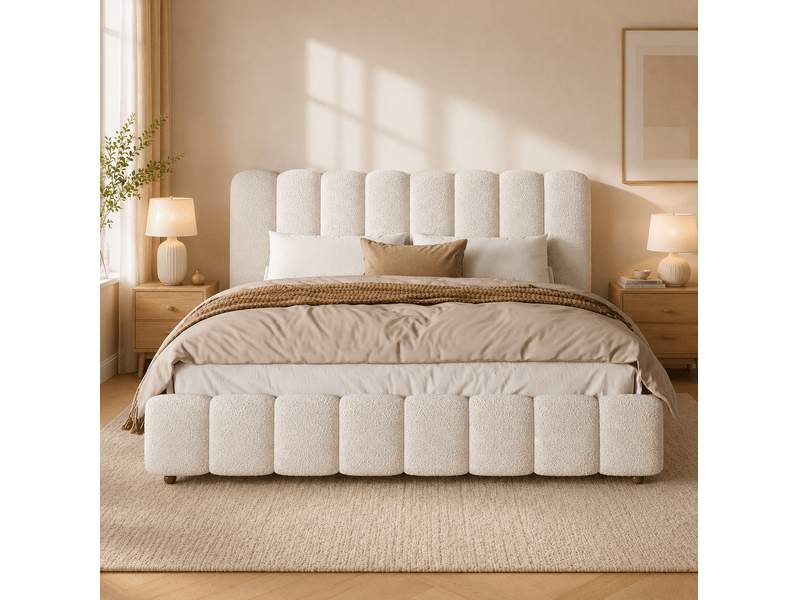  Lit rembourré 180 × 200 cm 2 places avec tête de lit, sommier à lattes, sans matelas, en bouclé blanc  - Conforama C