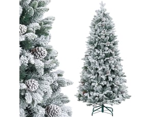 Sapin de noël artificiel 180 cm arbre de noël avec support en métal 1489 branches enneigées, pommes de pin, vert