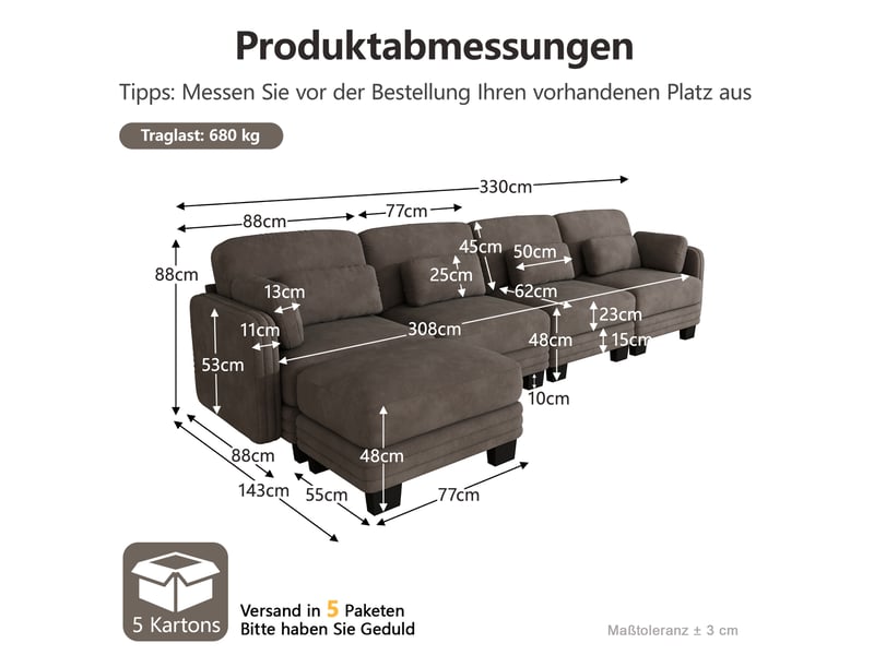  Canapé d’angle modulaire 4 places modenvie en chenille marron avec ottomane, 330 x 143 x 88 cm  - Conforama C