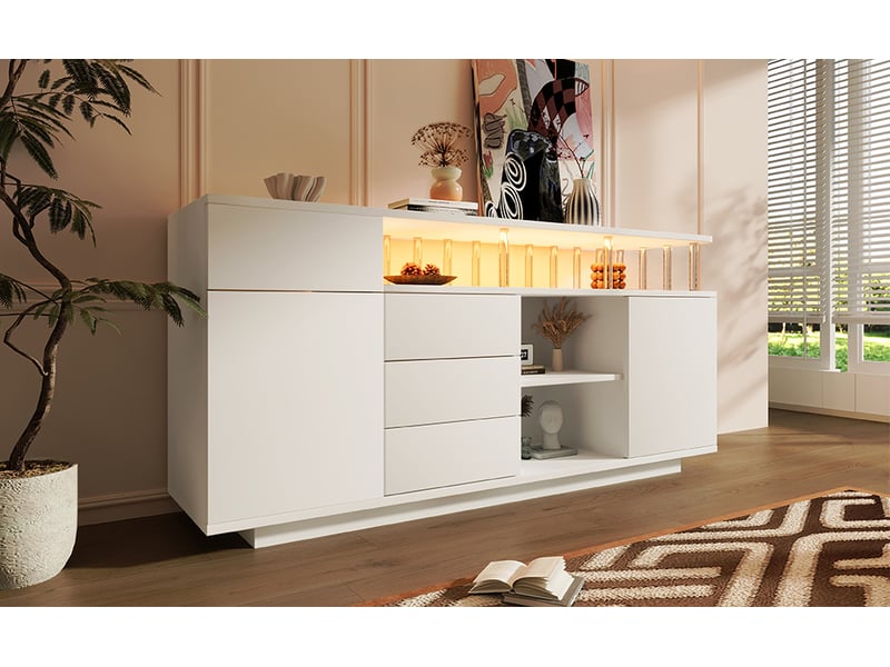 Buffet bas 160 x 40 x 75 cm avec éclairage led, 4 tiroirs, 2 portes, étagères réglables, supports en acrylique, blanc - Conforama D
