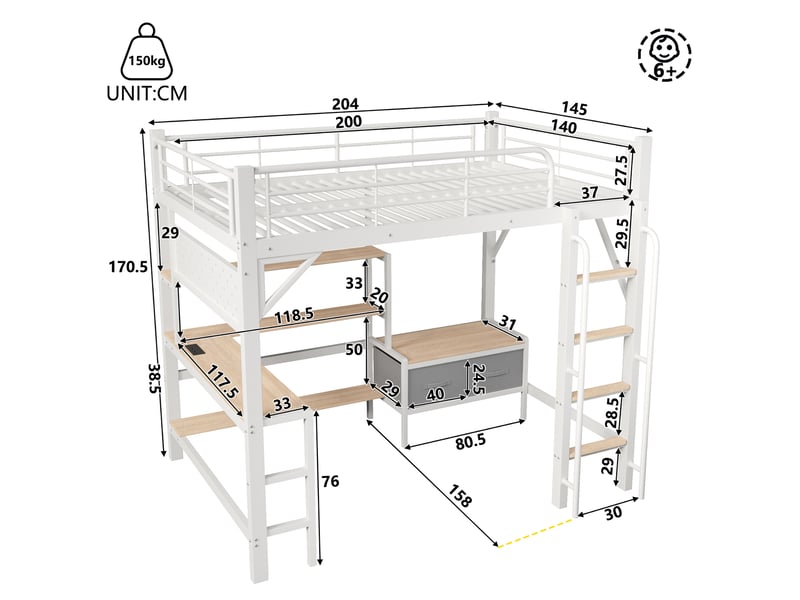 Lit mezzanine enfant 140 × 200 cm 2 places avec bureau, led, usb et rangements, sans matelas, blanc - Conforama D