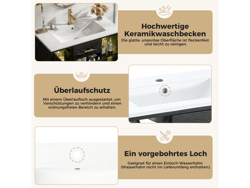  Meuble salle de bain suspendu 76 cm noir bois avec lavabo céramique et led  - Conforama R