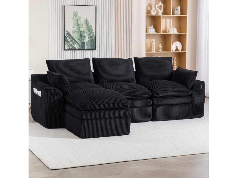  Canapé modulable 3 pl avec pouf 263x167x85 cm, coussins, poches de rangement latérales, adapté au salon, chambre, velours côtelé, noir  - Conforama D