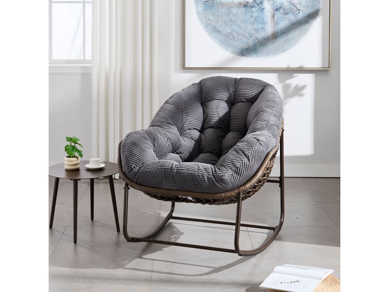  Fauteuil à bascule 78x106x90 cm, structure en acier, rotin synthétique gris  - Conforama C