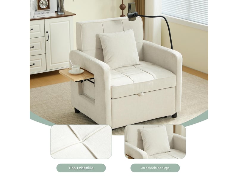  Fauteuil convertible en tissu chenille beige avec coussin W3056S00047 - Conforama E