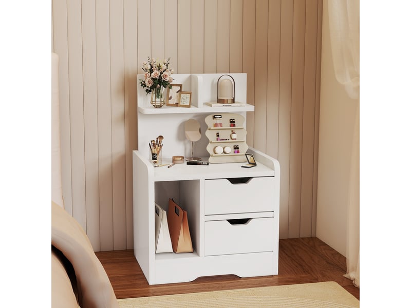  Table de chevet avec 2 tiroirs et étagères de rangement, table de chevet moderne en bois, blanc brillant  - Conforama D