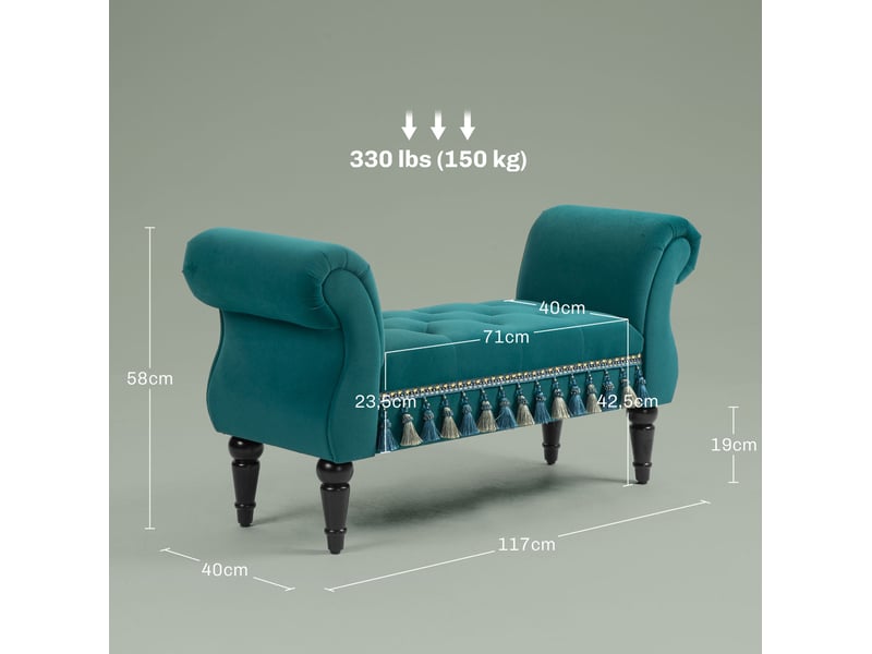  Bout de lit rembourré avec accoudoirs roulés et assise capitonnée, style vintage, en velours vert 117 × 40 × 58 cm  - Conforama E