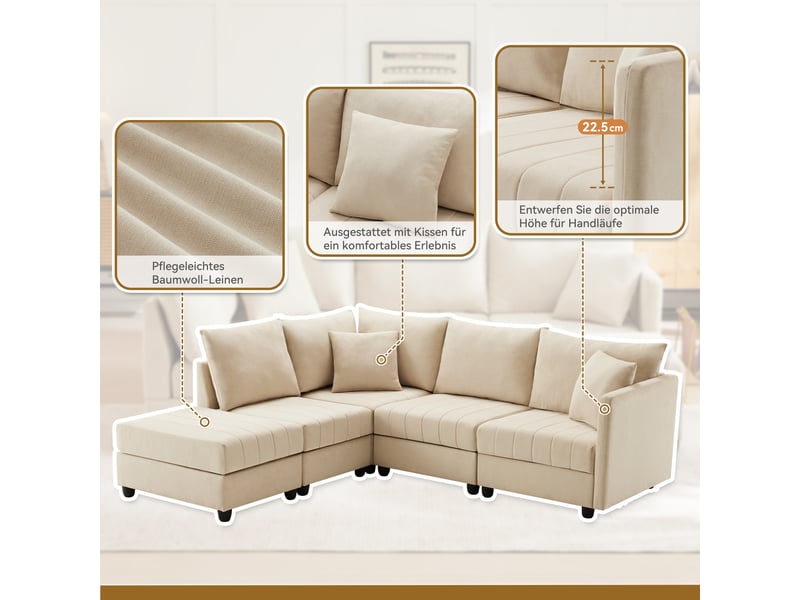 Canapé d'angle 5 places en tissu linoptique beige avec pouf amovible pour salon et appartement - Conforama D