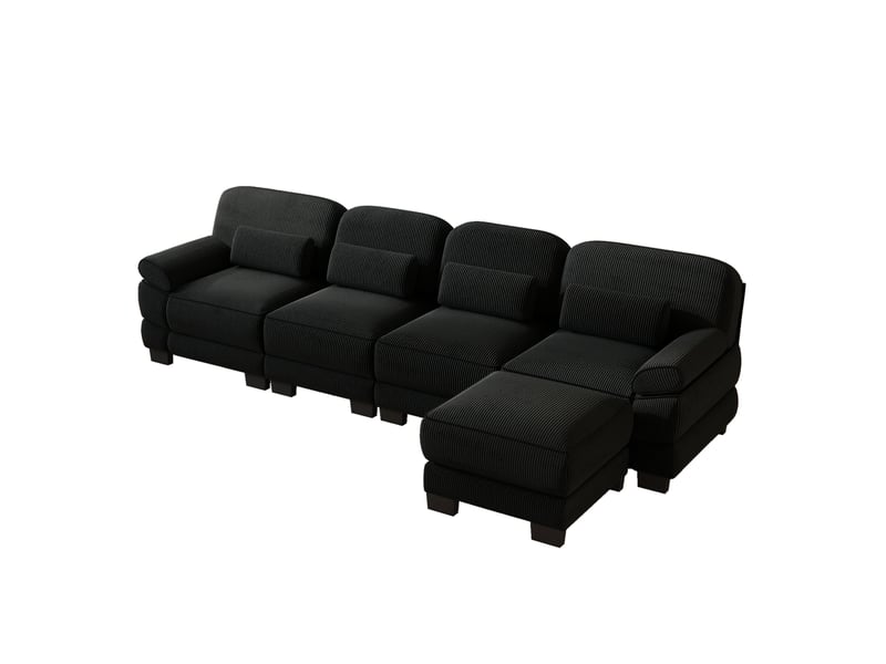  Canapé d’angle modulable 4 places avec pouf 336x161x94 cm, tissu velours côtelé, assise profonde, structure renforcée, design moderne - noir  - Conforama A