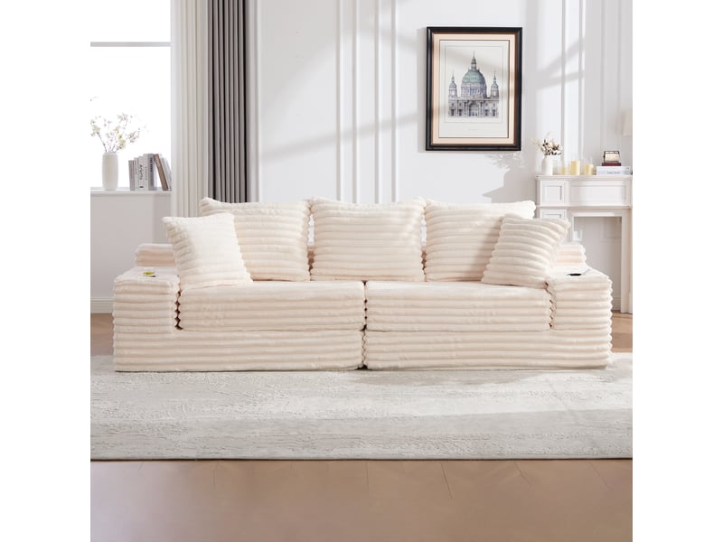  Canapé droit convertible en velours côtelé beige, 3 places, dossier haut, poches et porte-gobelets, salon 273x98x87cm - Conforama B
