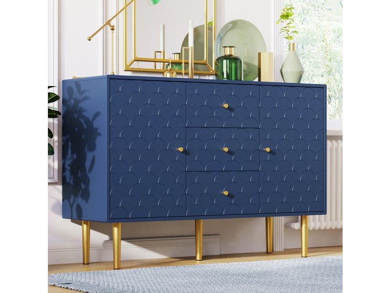  Buffet et enfilade avec 2 portes, 3 tiroirs et étagères réglables, pieds métal, bleu marine, 120 × 40 × 83 cm  - Conforama B