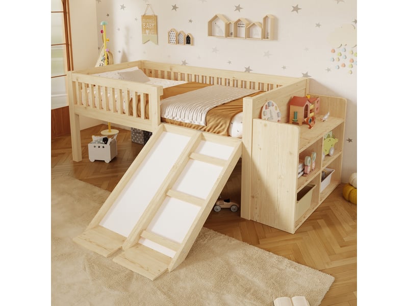 Lit mezzanine enfant 90x200 cm avec toboggan et rangements intégrés, structure en bois, pour chambre d’enfant, avec espaces de rangement - naturel - Conforama B