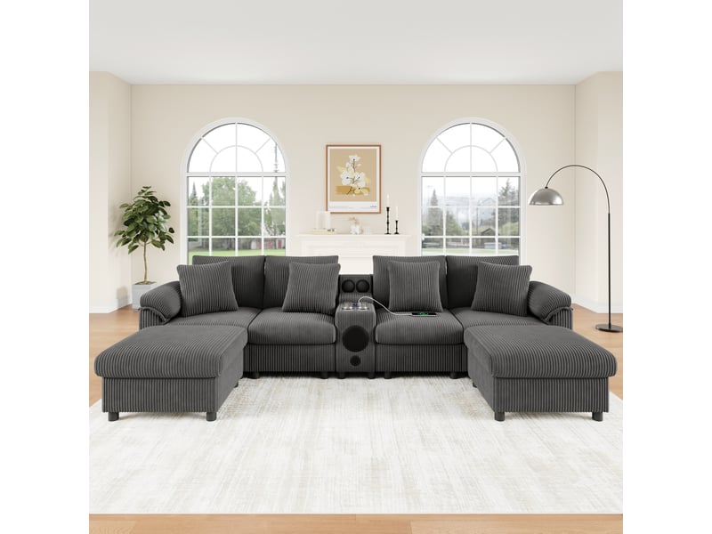  Canapé droit 315,5x144x84,5cm 4 places, console multimédia bluetooth, 2 poufs inclus, revêtement velours côtelé, gris  - Conforama B