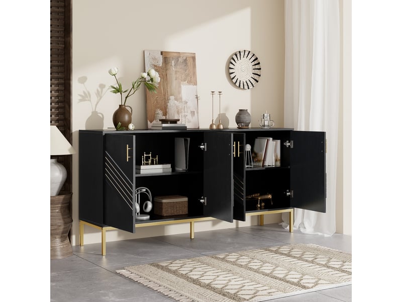 Buffet 4 portes avec 2 étagères réglables pour salon en mdf 160×40×80,5 cm noir et bois - Conforama C
