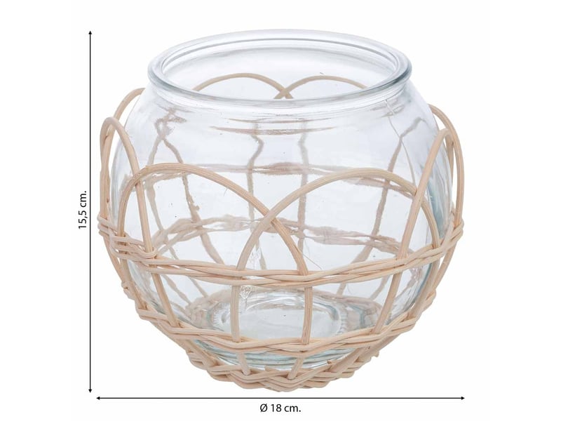  Bougeoir en verre doublé de rotin beige, diamètre 18 x hauteur 15,5 cm  - Conforama C