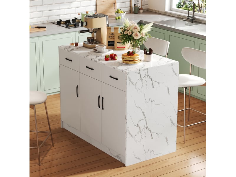Îlot de cuisine 120 x 60 x 90,5 cm, bar intégré 26 cm, 3 tiroirs, 3 portes à tablettes réglables, mdf, blanc - Conforama W