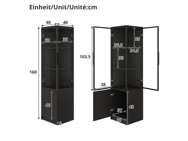  Vitrine d'angle noire à led avec portes vitrées et cadre aluminium, en panneaux de particules, 40 × 40 × 160 cm  - Conforama C