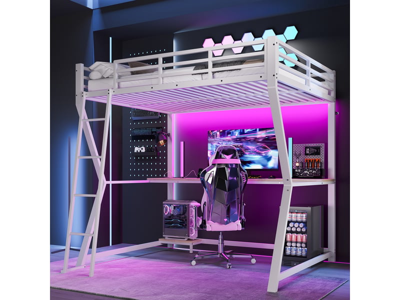  Lit mezzanine 140*200cm, structure en métal et mdf, éclairage led, bureau, port usb, échelle, sans matelas, blanc  - Conforama C