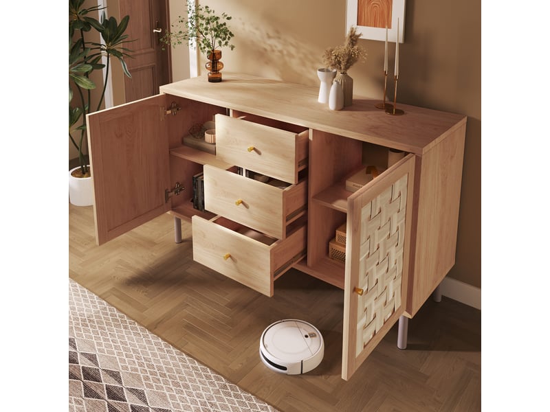 Buffet 2 portes 3 tiroirs en mdf et métal 120 cm coloris chêne - Conforama B