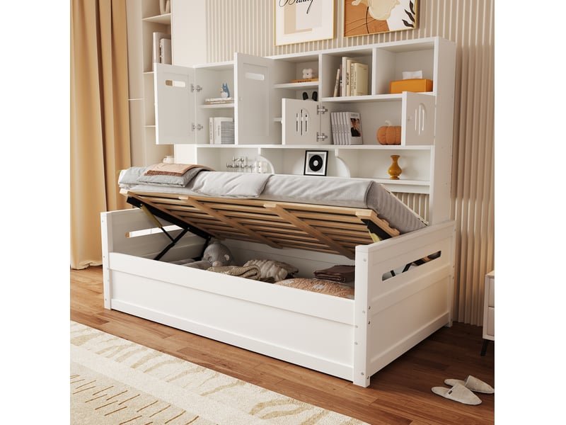  Lit avec coffre, 90x200 cm, structure, avec coffre de rangement hydraulique, matelas non inclus, bois, coloris blanc  - Conforama B