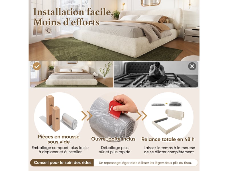  Lit double rembourré 160x200 cm avec tête de lit capitonnée, sommier à lattes, coins arrondis, structure bois et tissu chenille beige Morn Vibe - Conforama E