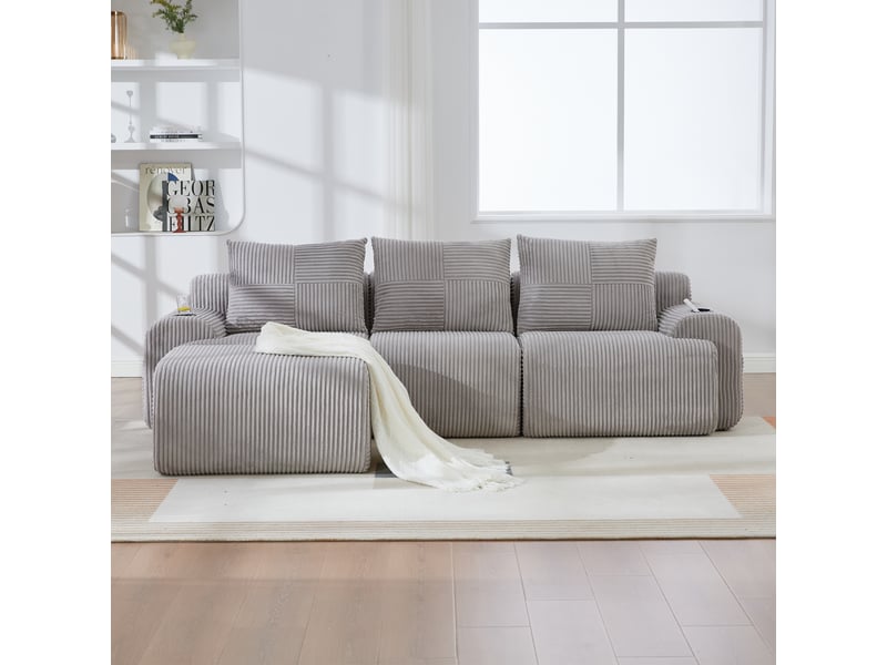 Canapé modulaire 3 places en velours côtelé gris clair - 268 x 174 x 80 cm, avec rangement - Conforama D