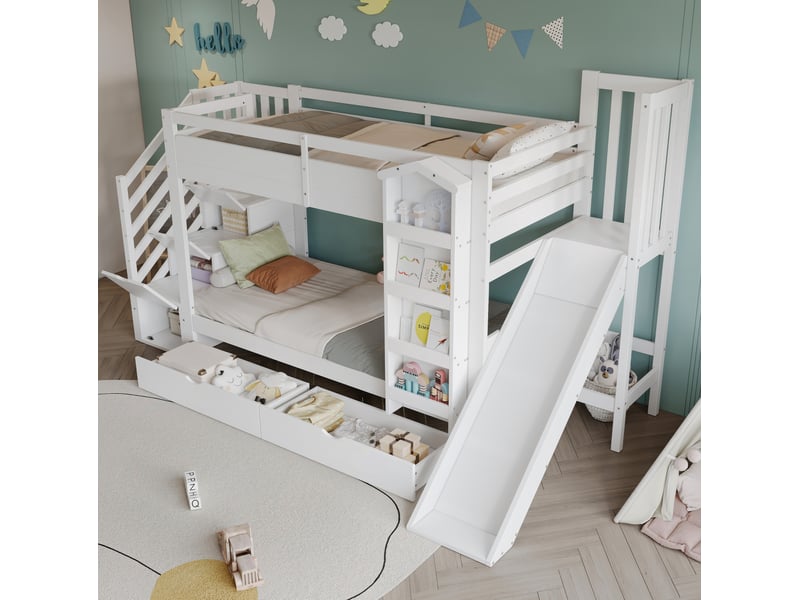  Lit superposé enfant 90x200 cm blanc avec toboggan, rangements et étagère  - Conforama D
