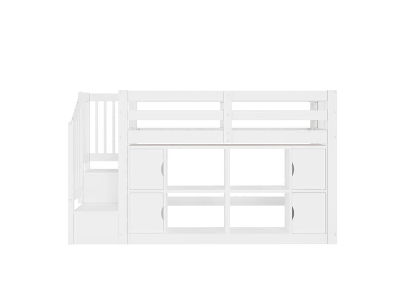  Lit mezzanine 90x200 cm avec rangements, escalier et led, blanc, sans matelas  - Conforama E
