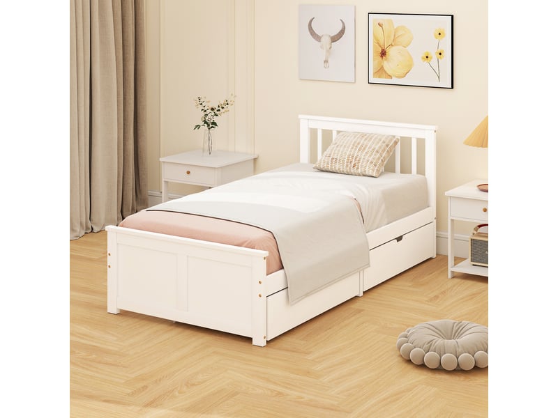  Ensemble lit 90 x 190 cm et tête de lit pied de lit 2 tiroirs bois blanc  - Conforama D