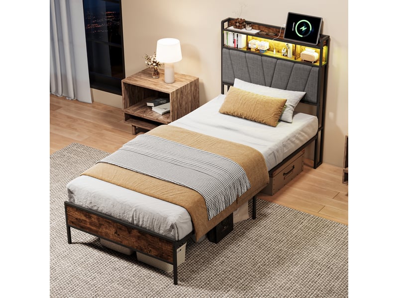  Lit simple 90 x 200 cm avec éclairage led, port usb et tête de lit, gris  - Conforama E