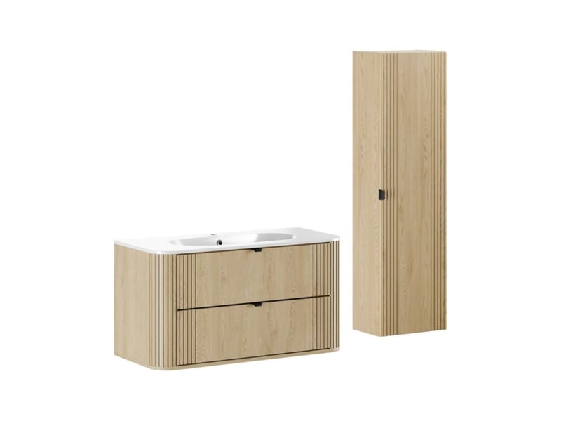  Ensemble de salle de bain kori : meuble sous vasque 100cm + vasque à encastrer + colonne de rangement  - Conforama A