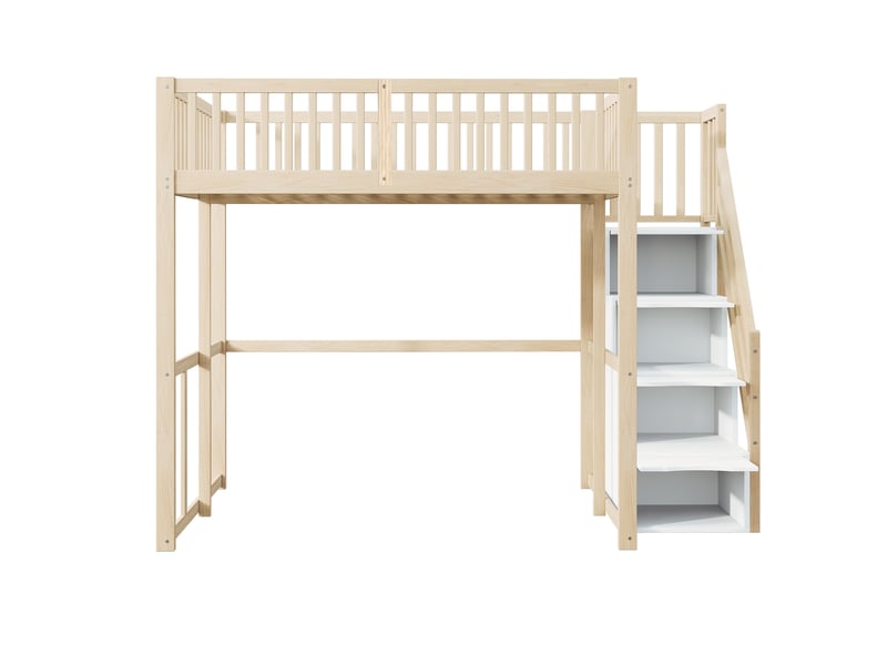  Lit mezzanine enfant 140x200 cm – bois naturel et blanc – escalier de rangement sécurisé - sans matelas  - Conforama D