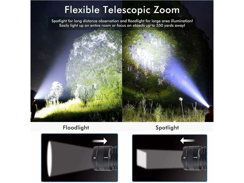 Lampe de poche led rechargeable usb -lumineuse de 5000 lumens, 5 modes, étanche, batterie 18650 incluse - Conforama D