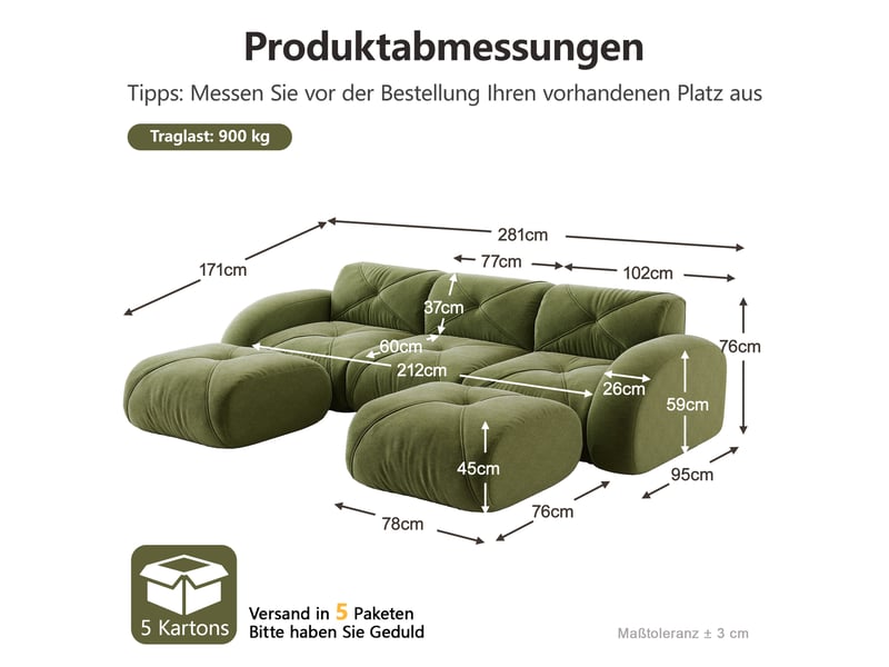  Canapé modulable 3 places en u, revêtement chenille vert, design sans dossier, inclut 2 poufs, idéal salon  - Conforama C