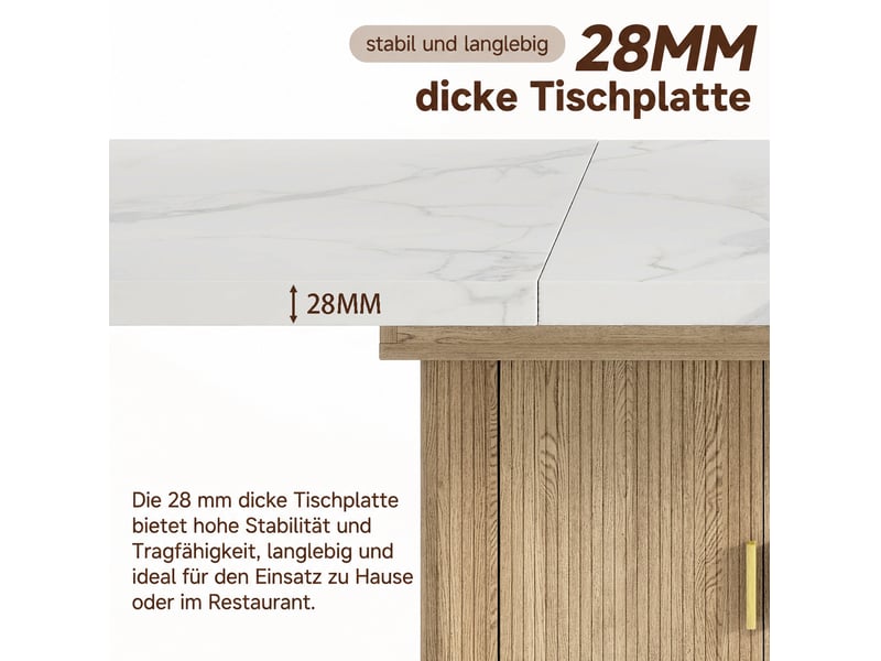  Table à manger extensible 150200x90x75 cm, 6 à 8 places, rangement, plateau 28 mm mdf, blanc marbré et chêne clair  - Conforama E