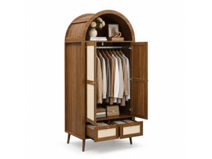 Armoire 2 portes et 2 tiroirs avec tringle et niche ouverte, design arqué, noyer et beige, 80 × 55 × 180 cm