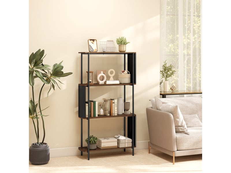  Étagère de rangement, bibliothèque à 4 niveaux avec panneaux latéraux incurvés, cadre en acier, 80x30x141cm, marron  - Conforama C