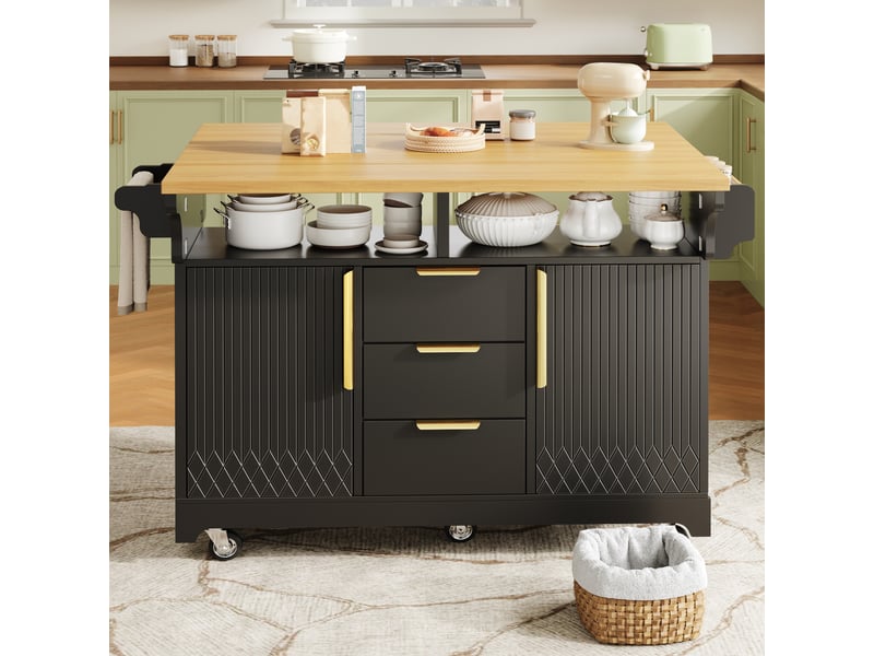  Îlot de cuisine mobile sur roulettes avec plateau extensible rabattable 120-197 cm, 3 tiroirs, rangement intégré et porte-serviettes, design rainuré - noir  - Conforama E