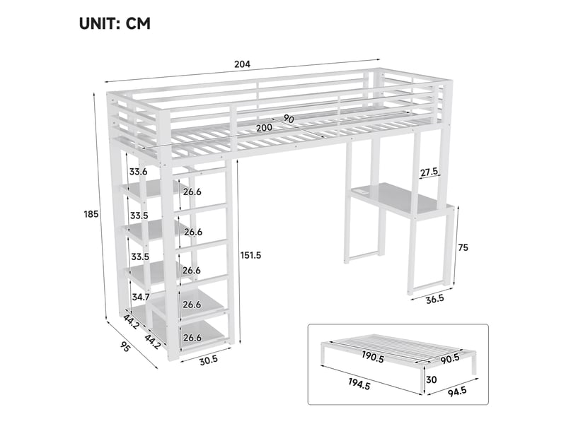  Lit mezzanine 90 × 200 cm 2 places avec bureau, prise usb et type-c, 4 étagères, sans matelas, blanc  - Conforama D