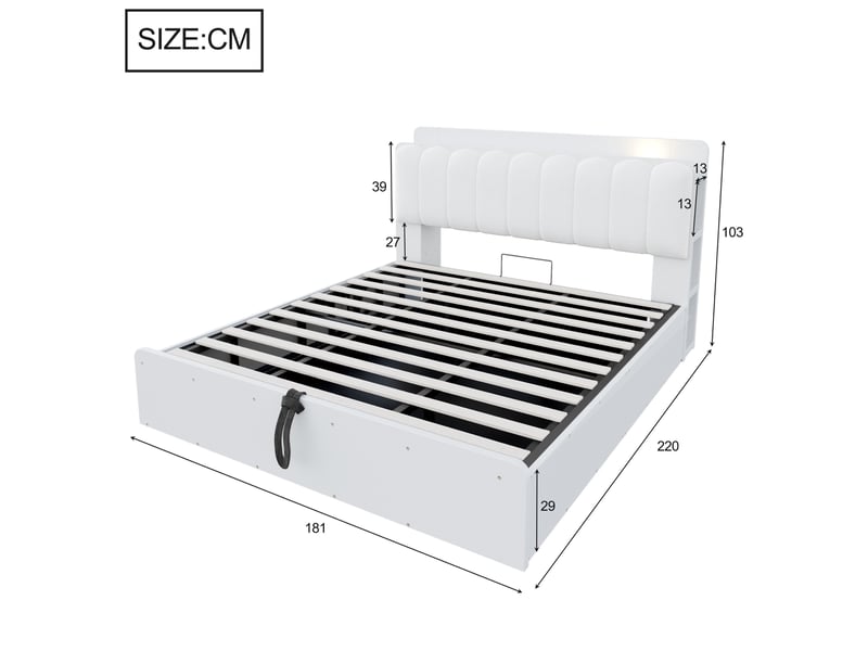  Lit coffre en bois 180x200 cm blanc, rangement hydraulique, tête de lit avec niches, usb et veilleuse Fay Lum - Conforama C