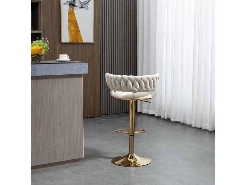  Tabouret de bar pivotant réglable en hauteur avec dossier ajouré et base dorée en velours ivoire  - Conforama D