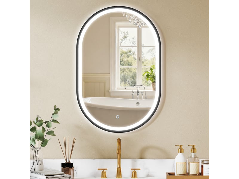  Miroir de salle de bain ovale mural 60 x 90 cm avec éclairage intégré, 3 couleurs de lumière, luminosité réglable, fonction antibuée, noir  - Conforama C