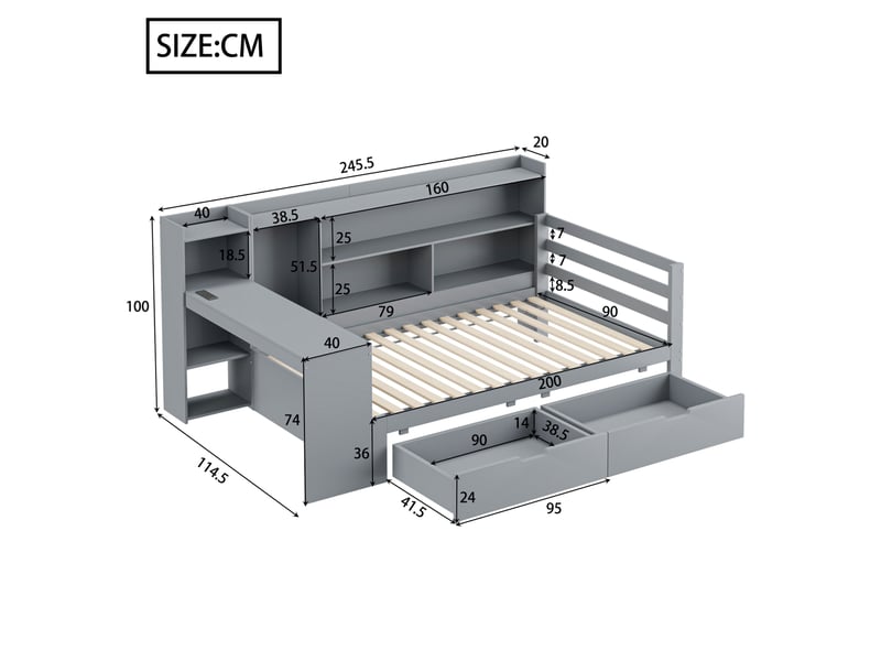  Lit banquette 90x200 cm – gris – bureau, rangements, 2 tiroirs, charge usb, étagères - sans matelas  - Conforama C