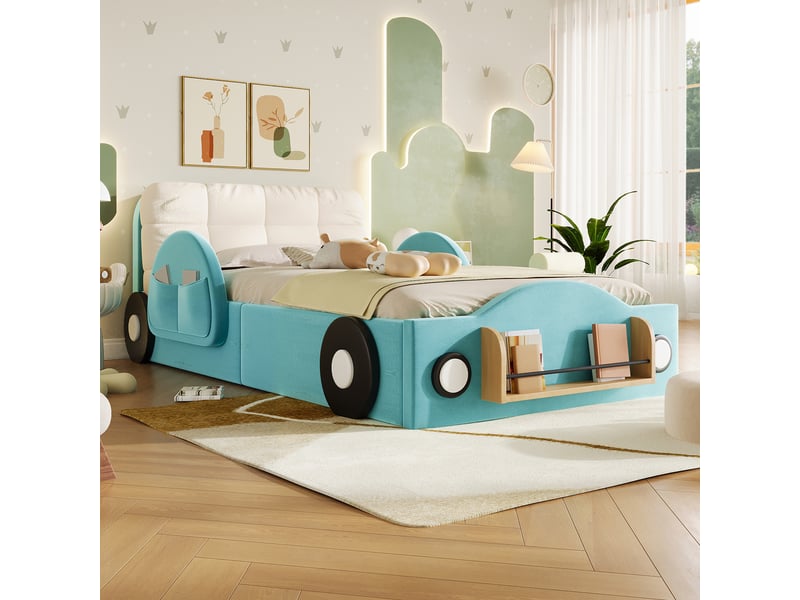 Lit voiture 90x200 cm, coffre relevable, poches latérales, rangement en bout de lit, tissu flanelle et mdf, bleu - Conforama D