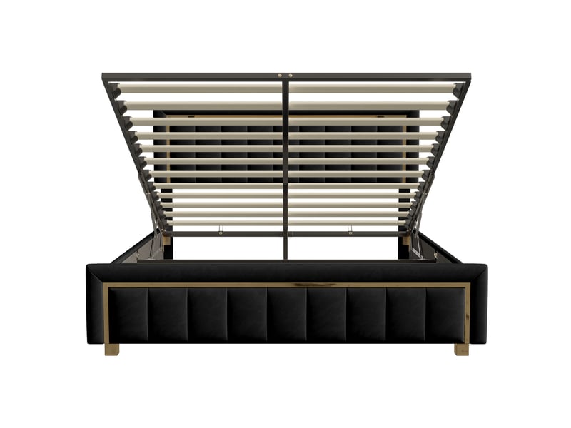 Lit double coffre - 160 x 200 cm - noir - velours, design vertical avec détails dorés, vérins hydrauliques  - Conforama A